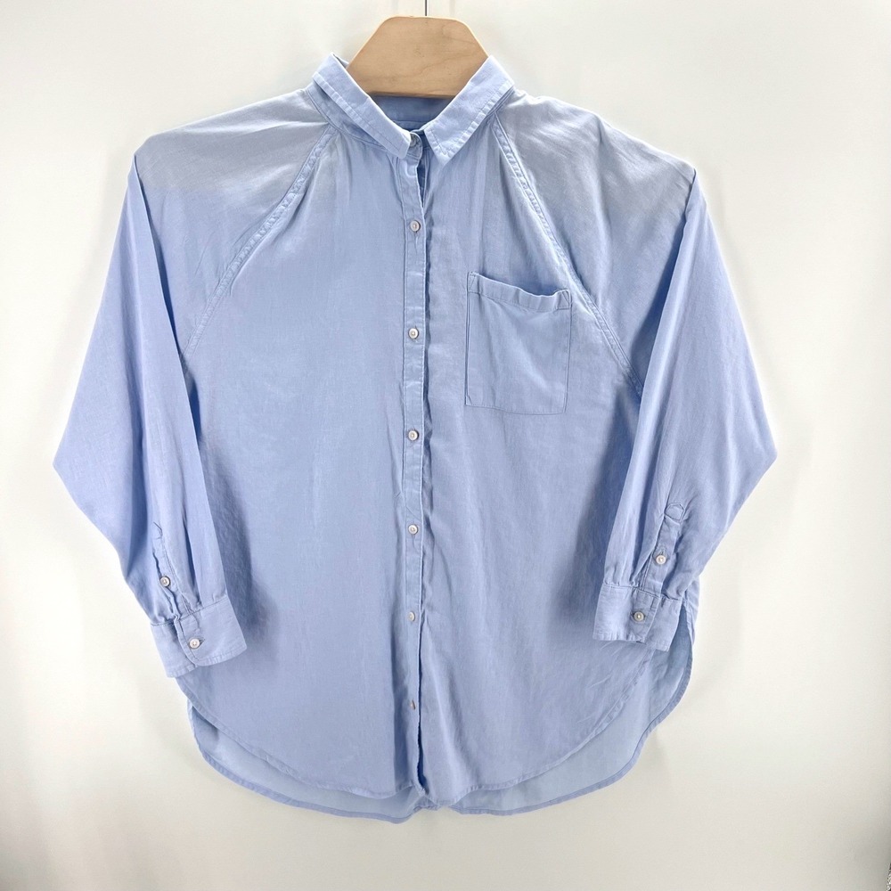 Aerie Linen Blend Button Down Shirt Size M Blue Long Sleeve Relaxed Coastal Boho